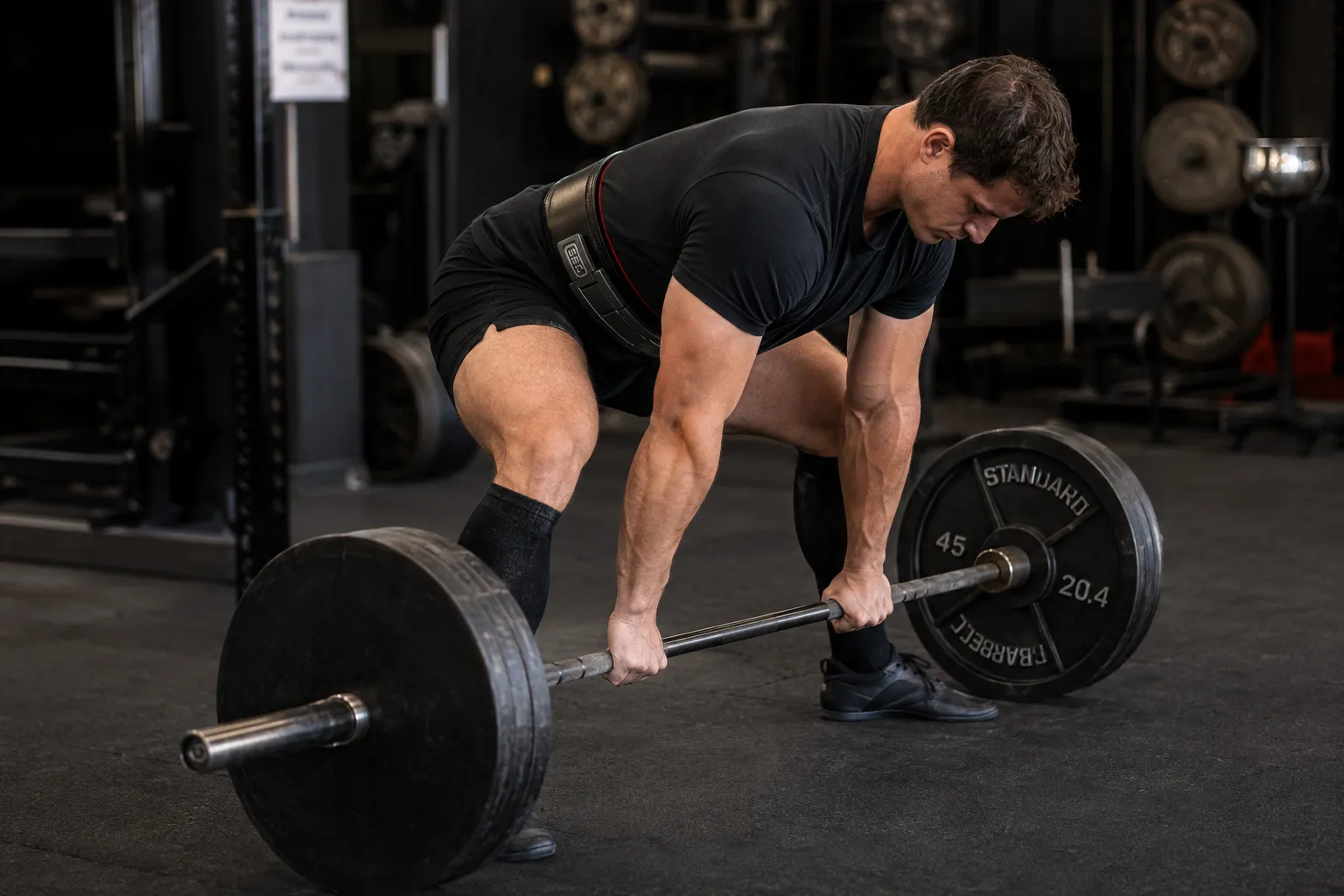 Powerlifter in a conventional deadlift setup wearing a 10mm lever belt