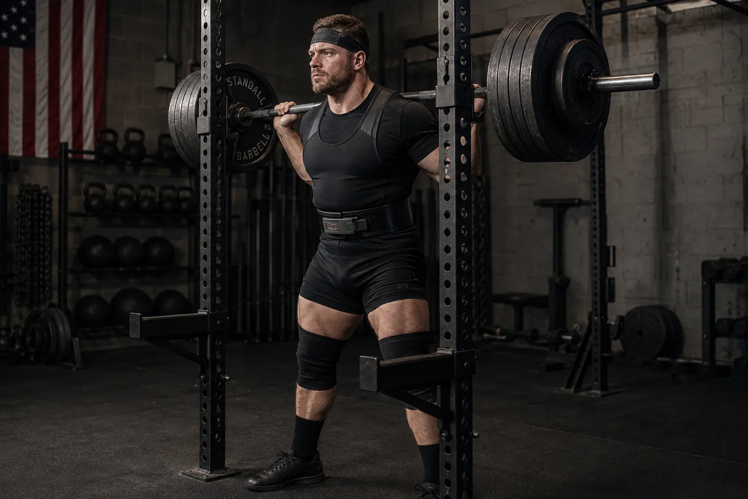 Powerlifter preparing for a heavy back squat while wearing a rigid 13mm lever belt