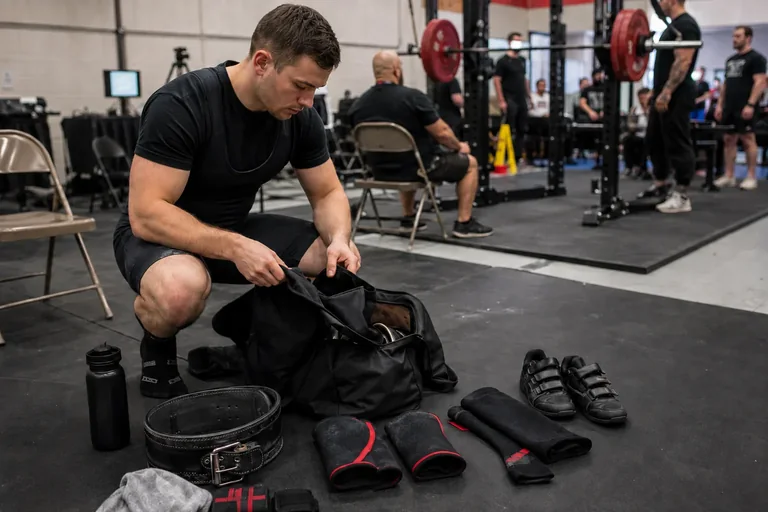 Powerlifter preparing competition gear for a first powerlifting meet