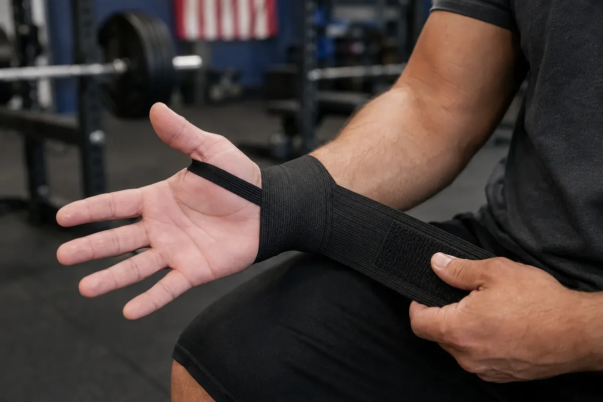 Close-up of a powerlifter correctly wrapping the wrist joint
