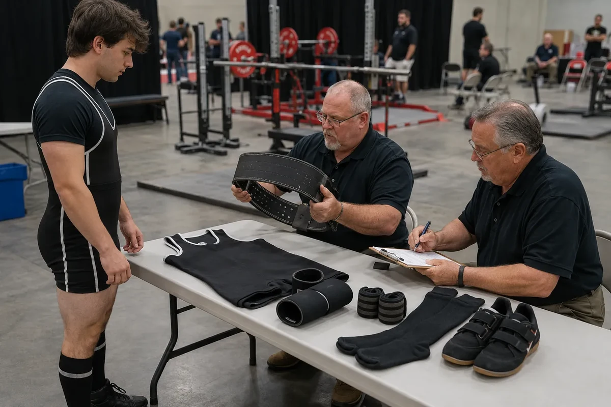 Powerlifter having competition equipment checked before a meet