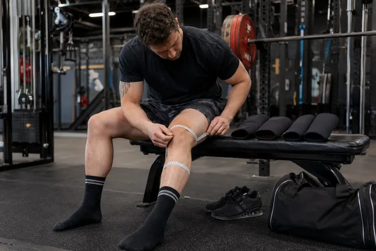 Powerlifter measuring knee circumference before choosing knee sleeve size
