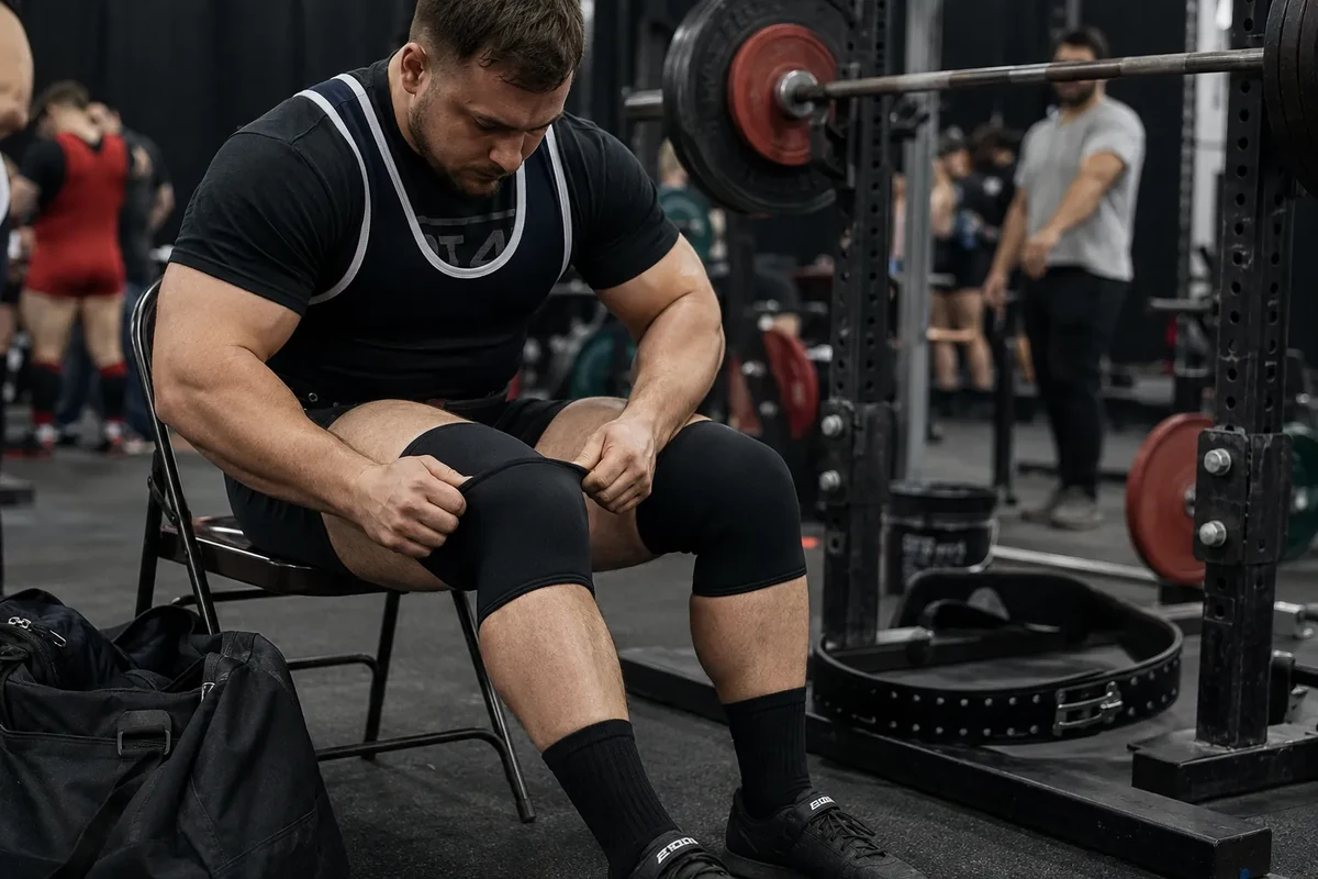 Powerlifter positioning tight competition-fit knee sleeves before squatting