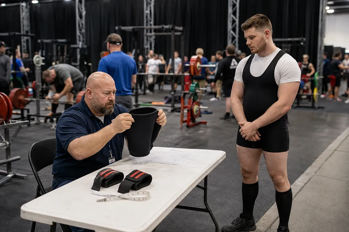 Referee checking knee sleeves and wrist wraps before competition
