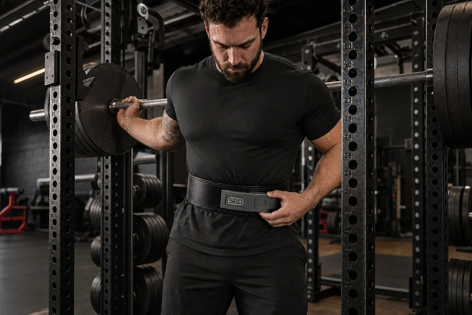 Powerlifter closing a lever belt before a heavy back squat set