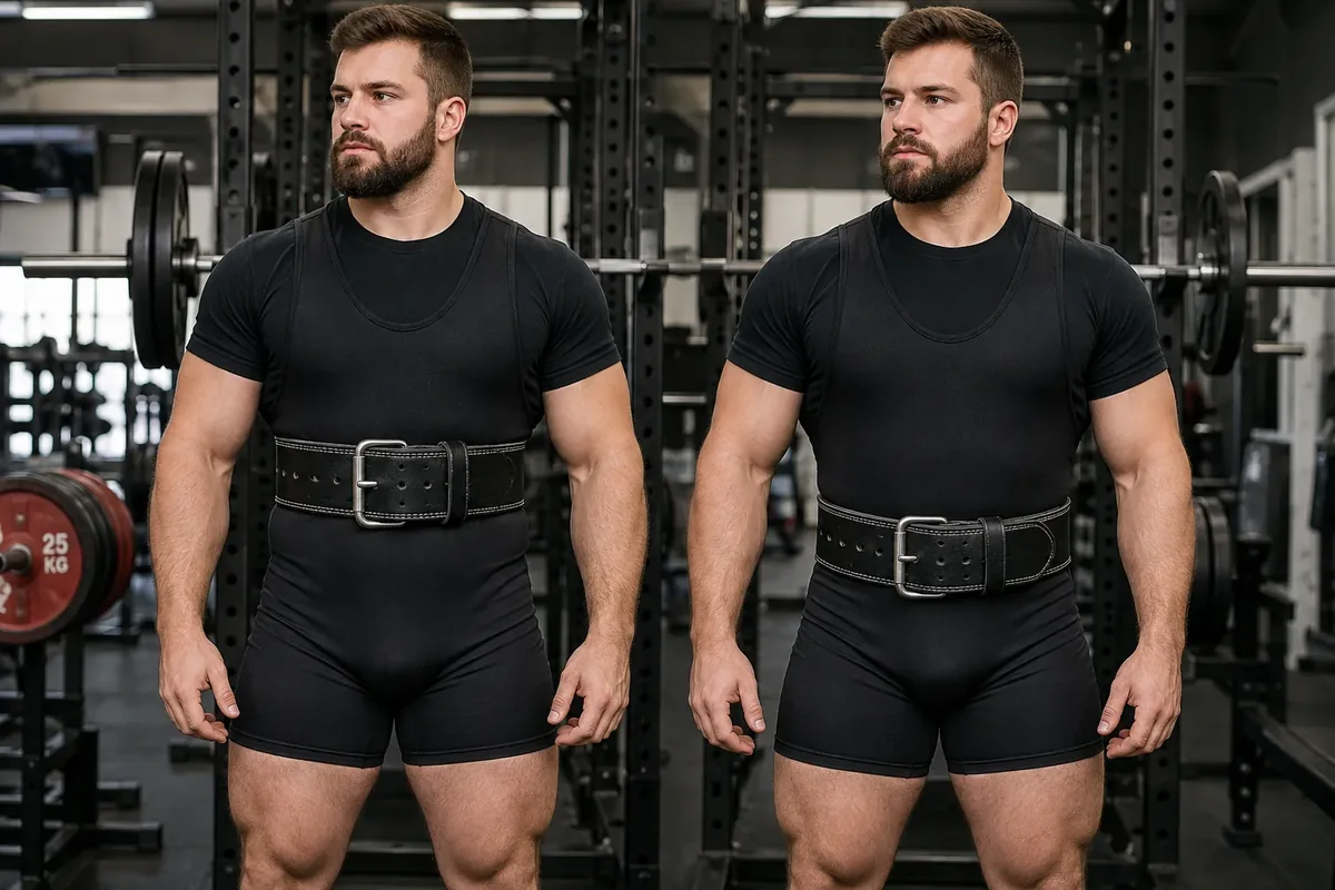 Powerlifters demonstrating high and low powerlifting belt placement