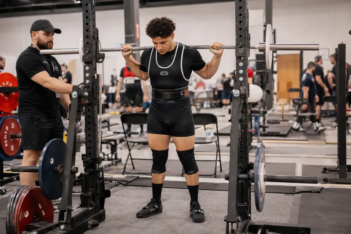 Powerlifter checking squat rack height before a competition