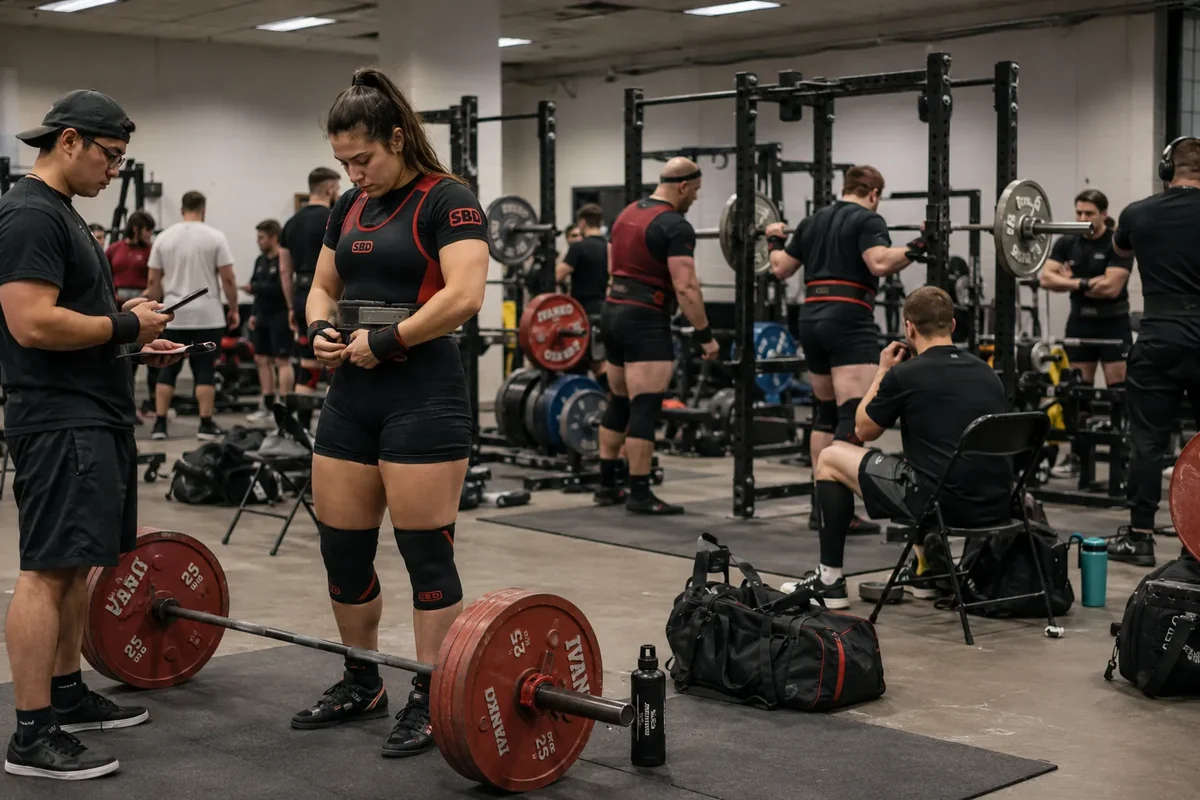 Powerlifters warming up before attempts at a powerlifting meet