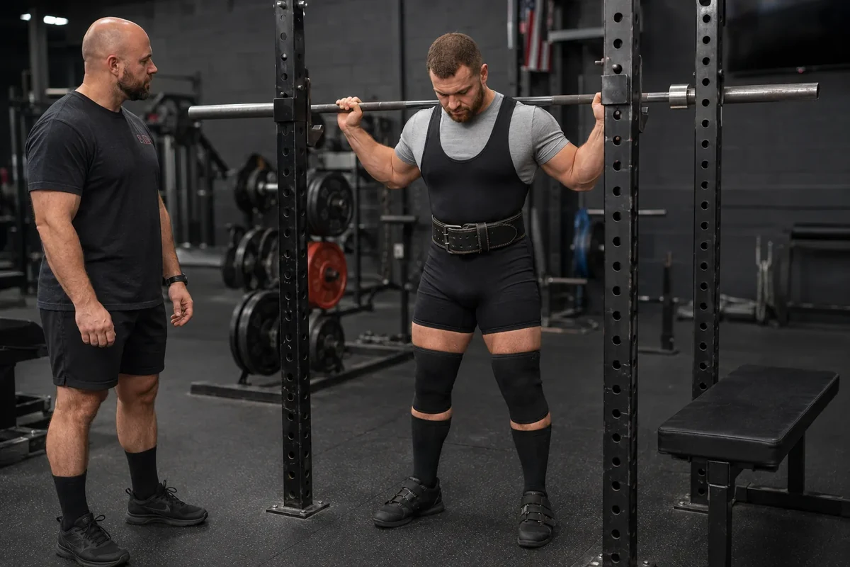 Powerlifter checking singlet belt and knee sleeve fit before competition