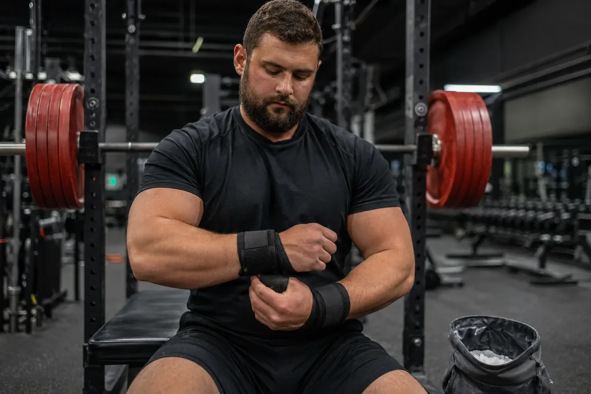 Powerlifter adjusting wrist wraps across the wrist joint before bench press