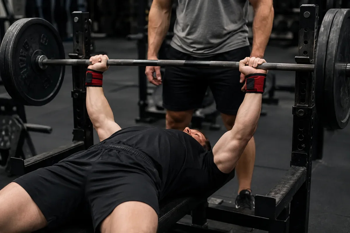 Powerlifter using wrist wraps during a heavy bench press